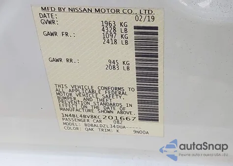 2019 Nissan Altima 2.5 S from USA, damaged, VIN 1N4BL4BV8KC201667